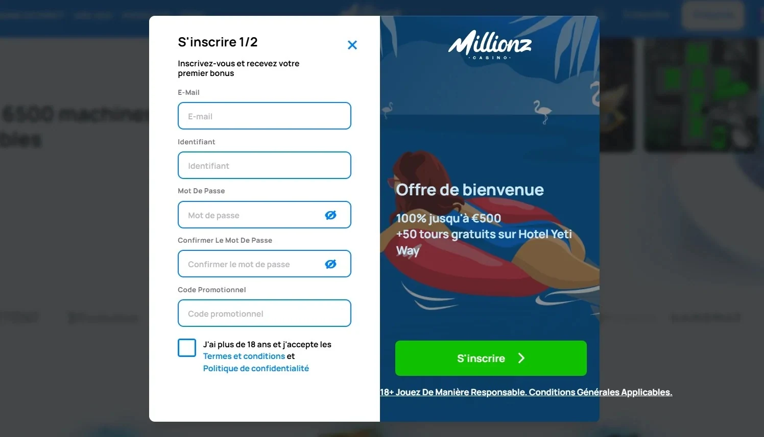 Formulaire d’inscription Millionz Casino